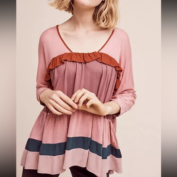 Anthropologie Meadow Rue Color Block Ruffle Top - Picture 2 of 15